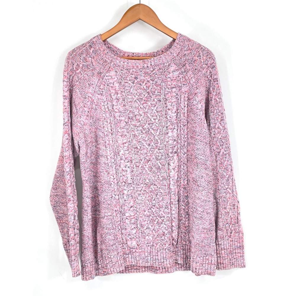 VTG Gap Womens Sweater XL Tall Pullover Pink Marled Cable Knit Crew Neck Raglan